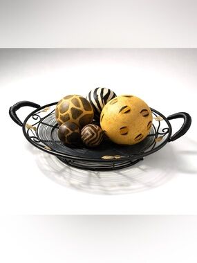 Assorted Animal Print Wood Spheres in Wire Basket